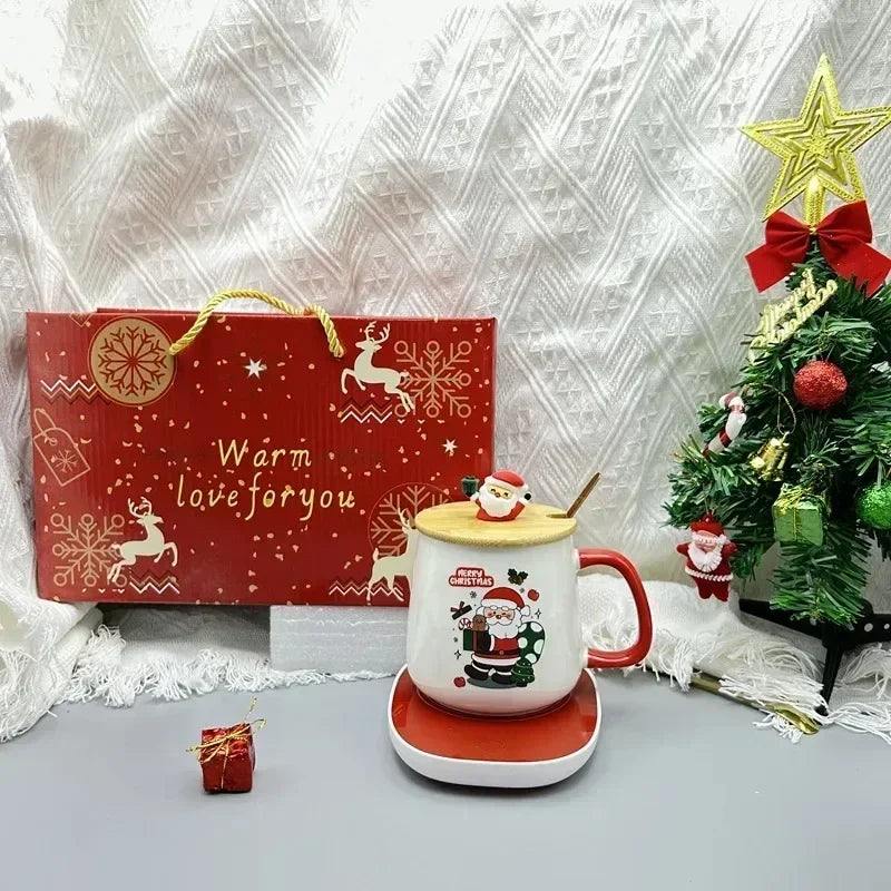Santa Mug Warmer Gift Set – Ceramic Mug with Lid, Spoon & 55°C Warming Coaster