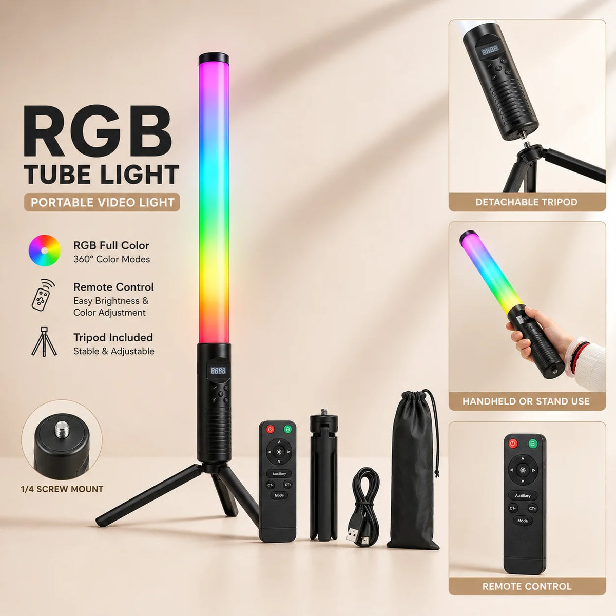 عصا إضاءة الفيديو المحمولة RGB – مصباح LED قابل لإعادة الشحن مع حامل ثلاثي اختياري