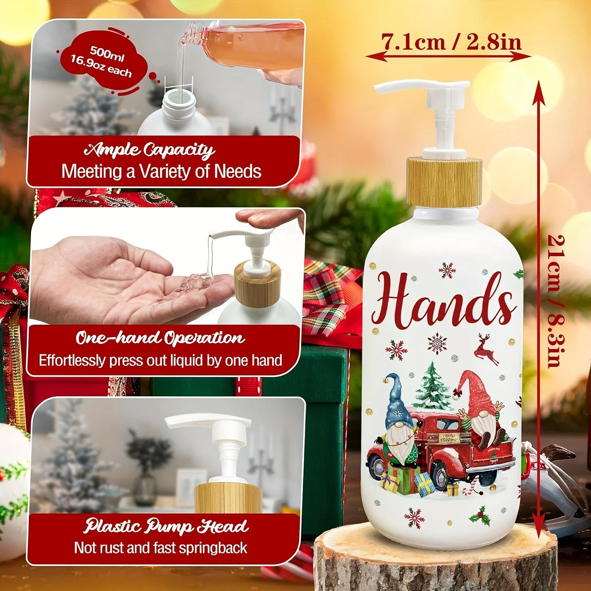 Lot de 2 distributeurs de savon gnomes de Noël avec plateau – Décoration de fêtes pour cuisine et salle de bain