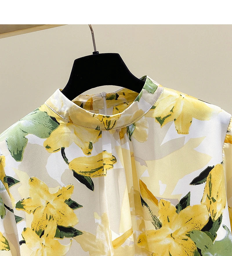 Yellow Floral Printing Chiffon Stand Collar Lantern Sleeve Pullover Women's Blouse Shirt Casual Female Clothing Tops Fashion