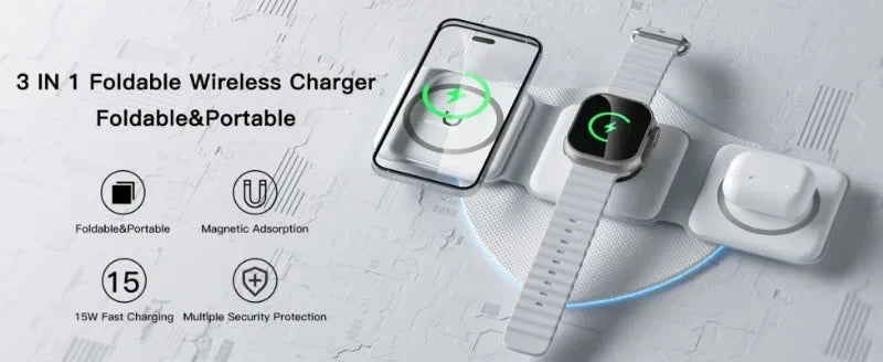 30W Foldable 3-in-1 Wireless Charger for Phone, Watch & AirPods
