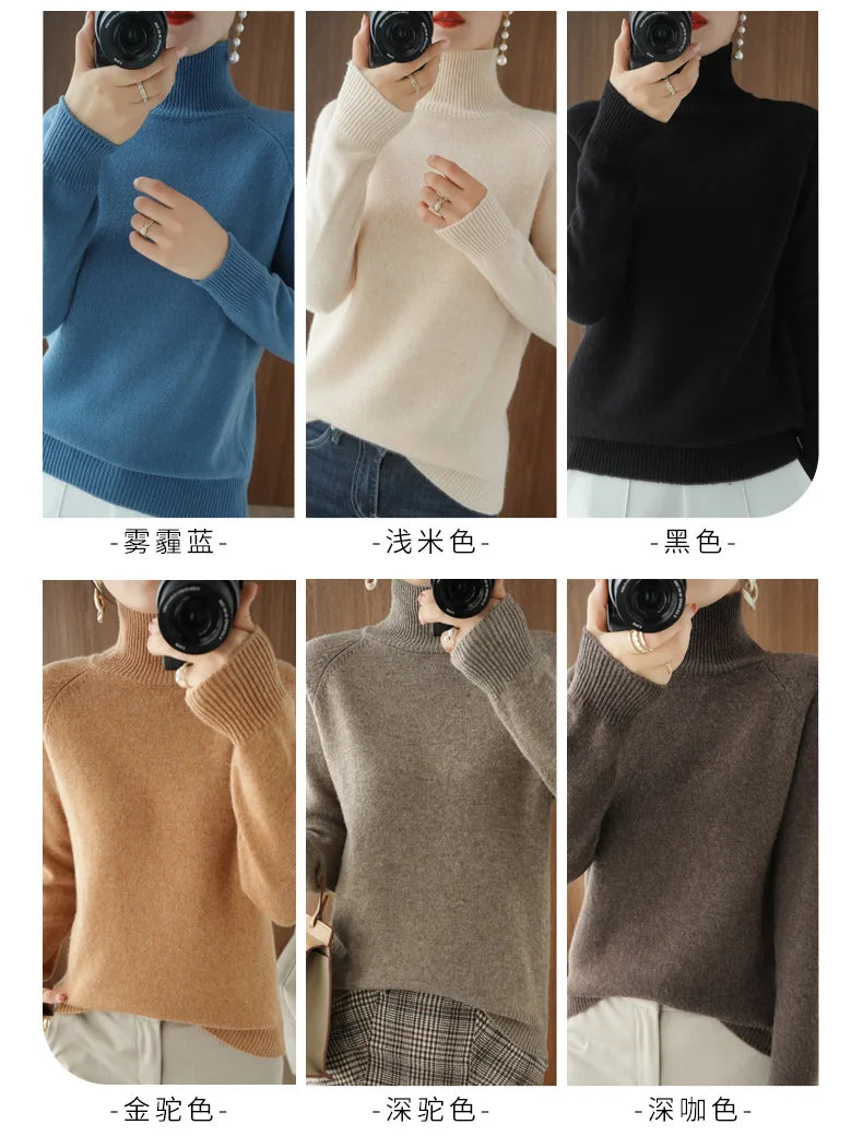 Fashion Basic Autumn Winter Merino Wool Sweater Mock Neck Cashmere Pullover Solid Color Soft Long Sleeve Basic Clothing Tops