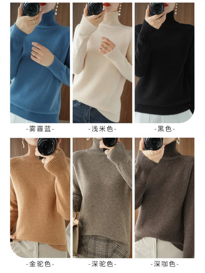 Modischer Basic-Herbst-Winter-Merinowollpullover mit Stehkragen, Kaschmir, einfarbig, weich, langärmlig, Basic-Oberteil
