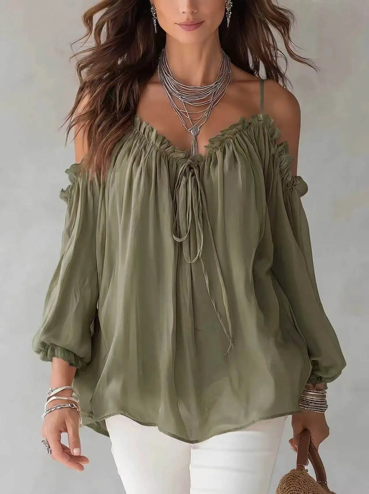 Elegant Off Shoulder Blouse Ruffled V Neck Lace Up Puff Sleeve Chiffon Shirts Loose Casual Summer Fashion Women Long Sleeve Top