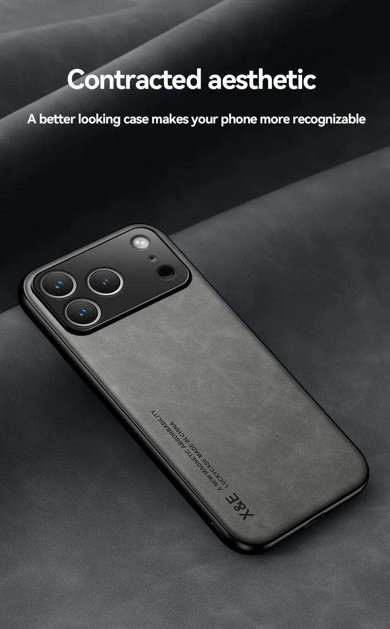 Luxury Leather Case For iPhone 17 18 16 15 14 13 12 11 Pro Max Plus 13 12 Mini Air 16E Cover With Metal Plate Support Car Hold