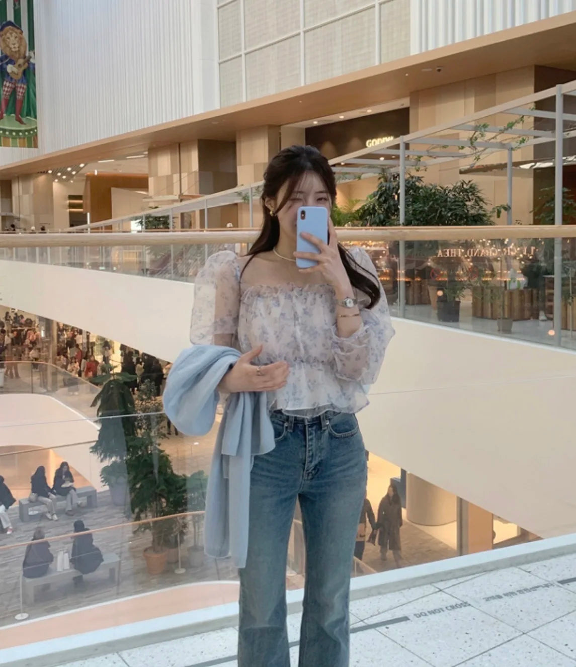 Chic Spring Women's Blouse Gentle Shoulder Bared Floral Bubble Sleeve Chiffon Top Korean Style Loose Fit Long Sleeve Short Le...