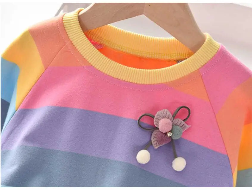 Girls' Rainbow Stripe Fleece Tutu Dress - Long Sleeve Autumn Princess Dress, 3T-7T