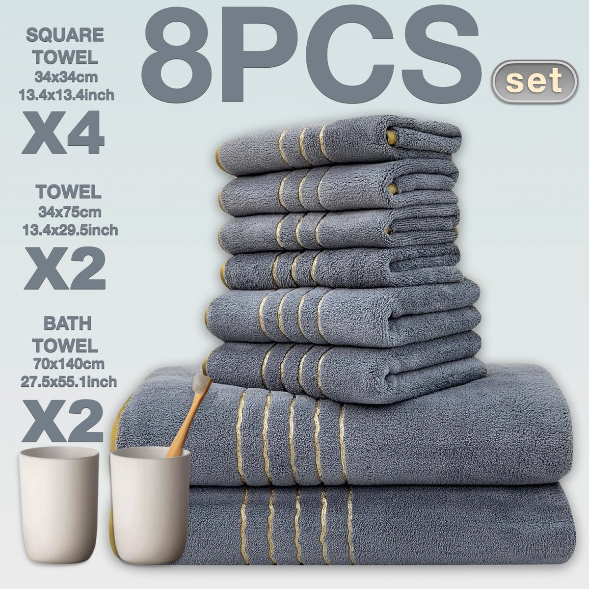 Gold Accent Bath Towel Set – White, Grey or Navy, 2 to 8 Pieces