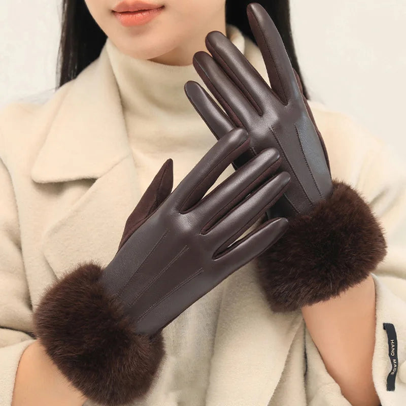 Women's Faux Fur Trim Faux Leather Gloves – Thermal-Lined, Windproof