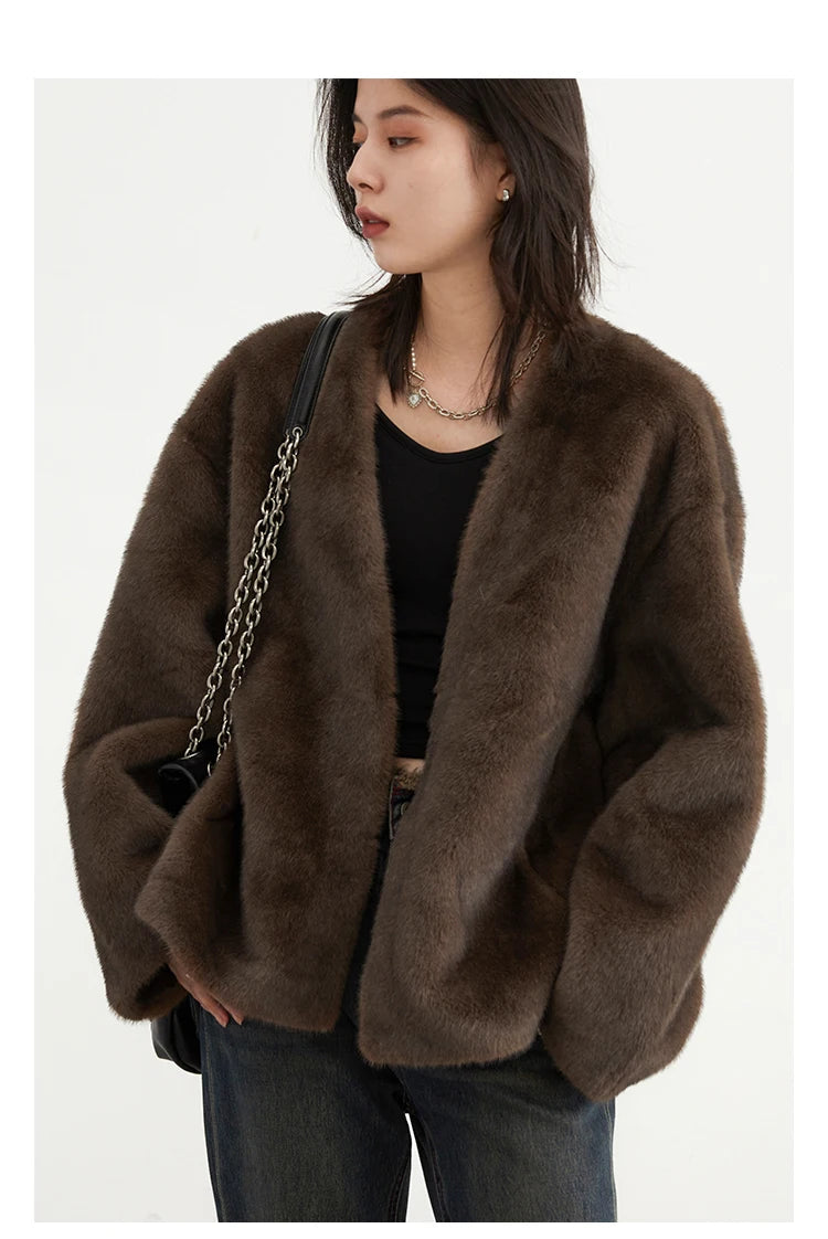 CHIC VEN Women's Jacket Loose Casual Solid Overcoat New Female Plush Coat V-neck Woman Outerwear Autumn Winter 2026