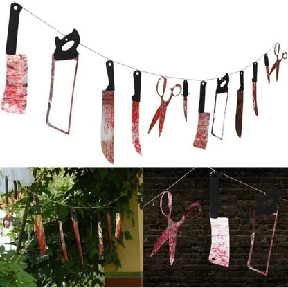 Banner a ghirlanda per Halloween Horror con armi sanguinose – Decorazioni per feste a tema zombie e vampiri per bar e club