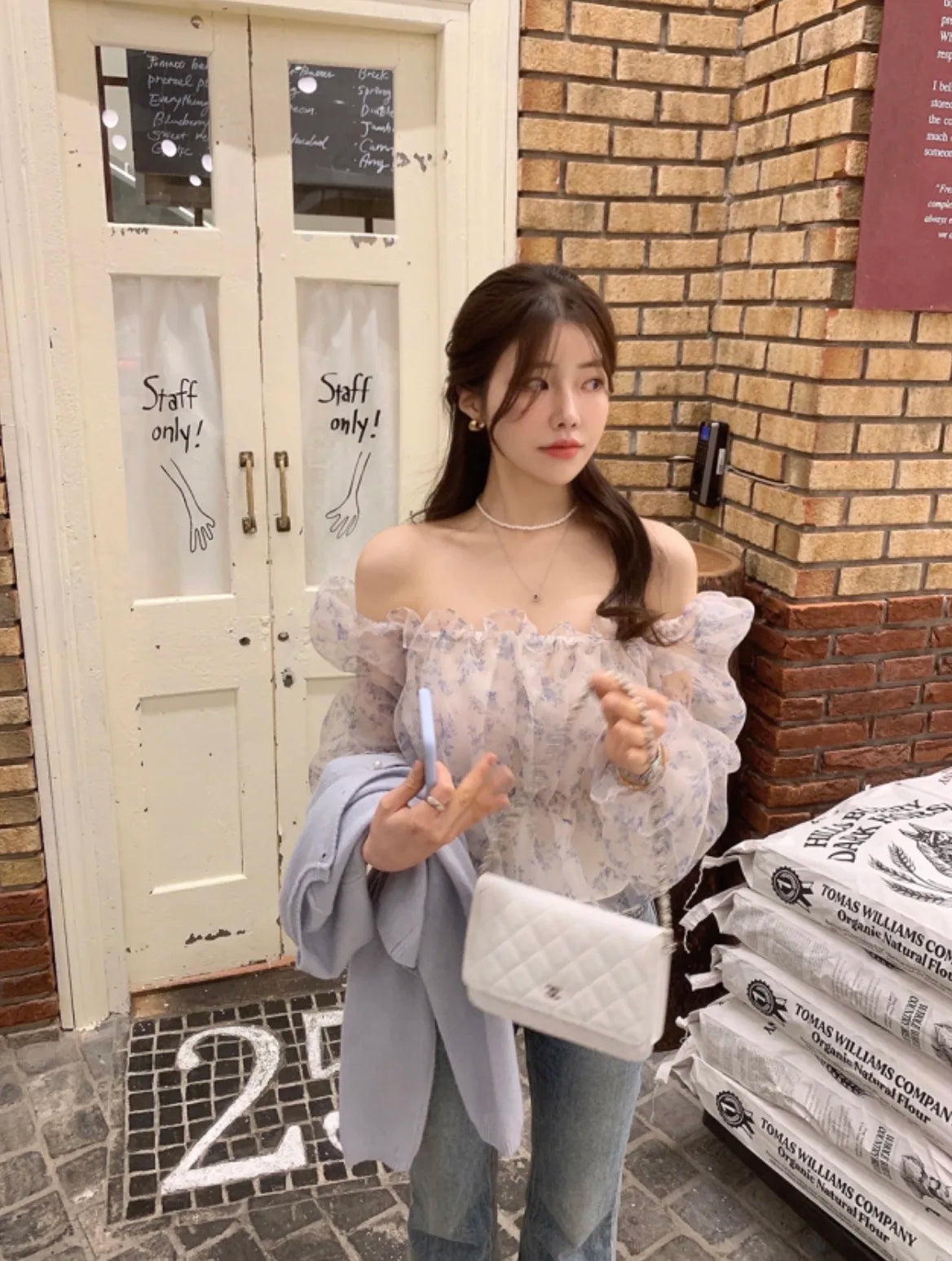 Chic Spring Women's Blouse Gentle Shoulder Bared Floral Bubble Sleeve Chiffon Top Korean Style Loose Fit Long Sleeve Short Le...