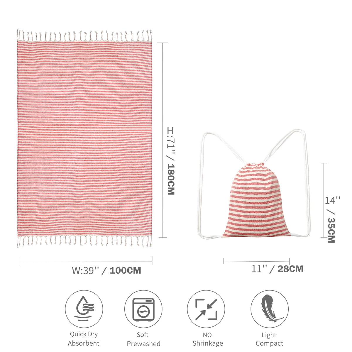 Turkish-Style Striped Tassel Towel – Large 100 × 180 cm