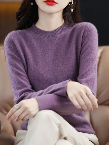 Suéter de moda 100 % lana merina, elegante jersey de cachemira para mujer, prenda básica de punto con cuello redondo y manga larga, top tipo jersey