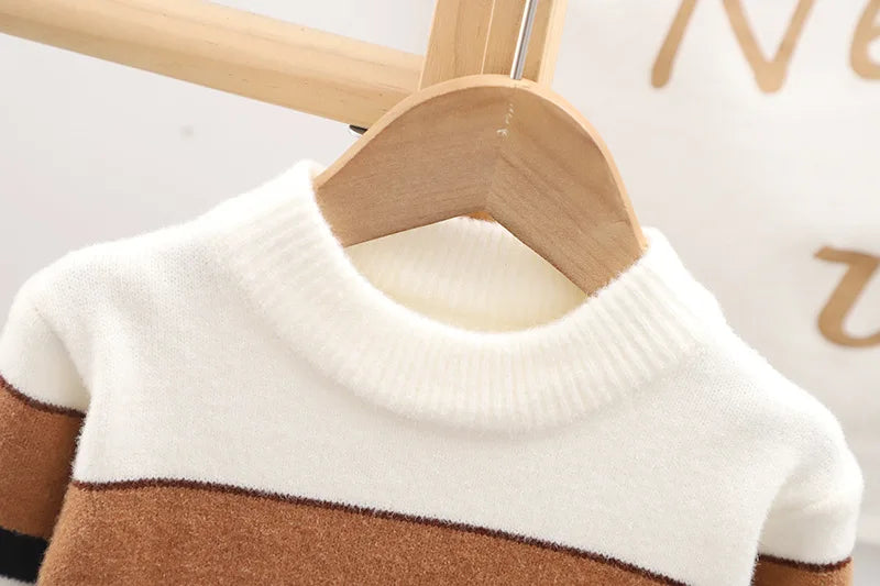 Boys' Striped High Collar Knit Sweater - Full Sleeve Winter Knitwear, Ages 2-6