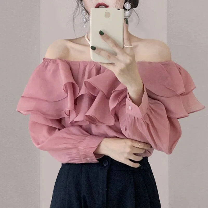 2026 Korean Elegant Sweet Lyocell Blouse Fashion Autumn Off Shoulder Ruffle Slash Neck Long Sleeve Shirt Plus Size Spring Tops