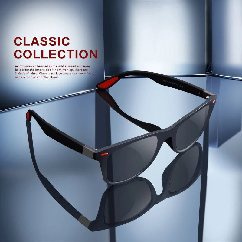 Sunglasses on a reflective surface with 'Classic Collection' text above