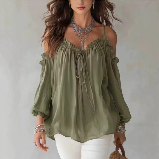 Ruffle Lace-Up Off-Shoulder Blouse
