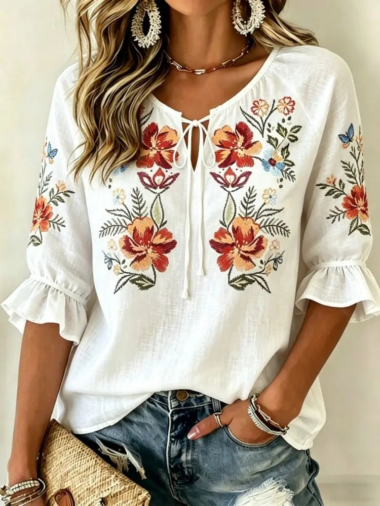 Women's Red & White Floral Embroidered Tie Neck Blouse, Casual Loose Tops for Spring Summer Daily Wear & Vacation Occasions