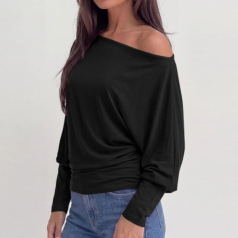 Elegant Off Shoulder Women T-Shirts Solid Color Long Sleeve Shirts For Women Spring Autumn Loose Pullover Lady Basic Tops