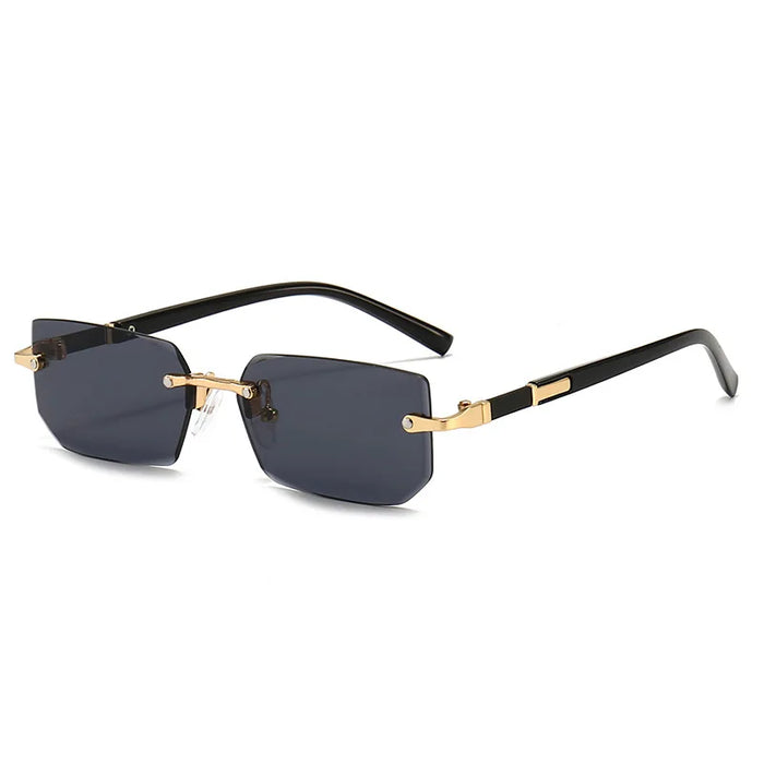 Rimless square sunglasses with dark gray lenses, gold metal bridge and hinge details, and black temples with gold accents, shown on a plain white background.