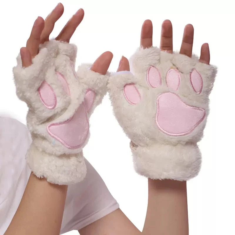 Women's Plush Cat Paw Fingerless Gloves