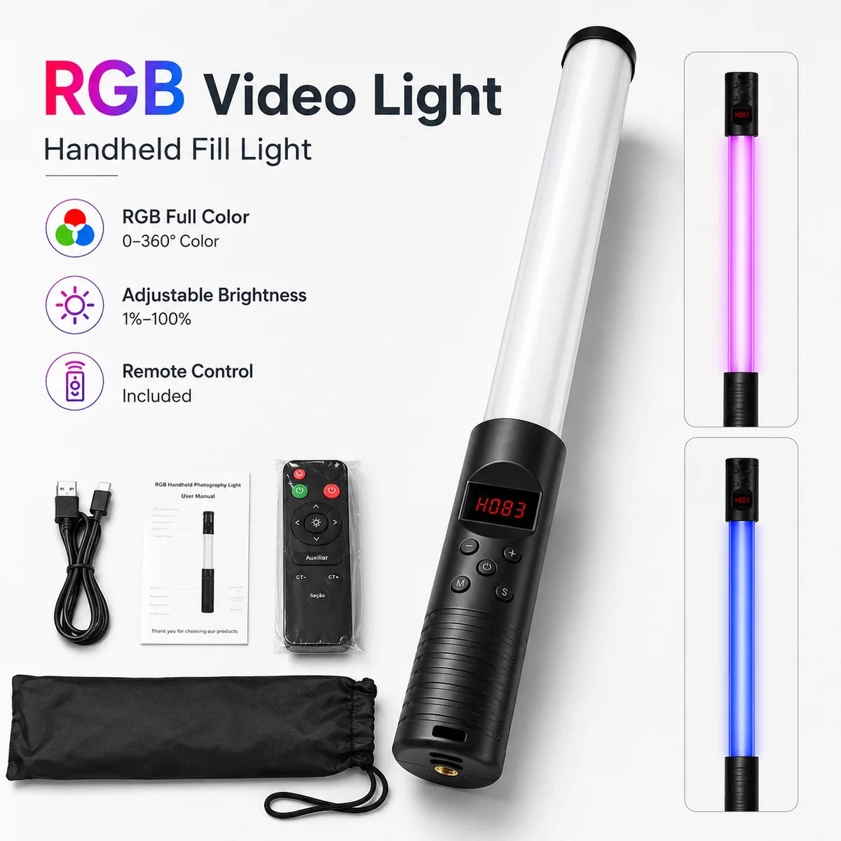عصا إضاءة الفيديو المحمولة RGB – مصباح LED قابل لإعادة الشحن مع حامل ثلاثي اختياري