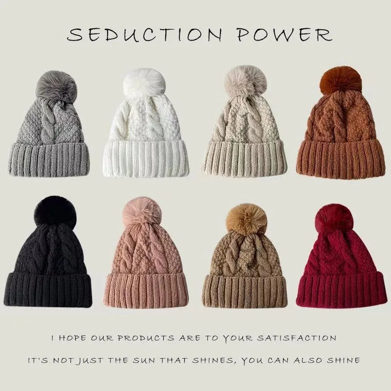 Women's Cable-Knit Pom-Pom Beanie – Plush-Lined Winter Hat