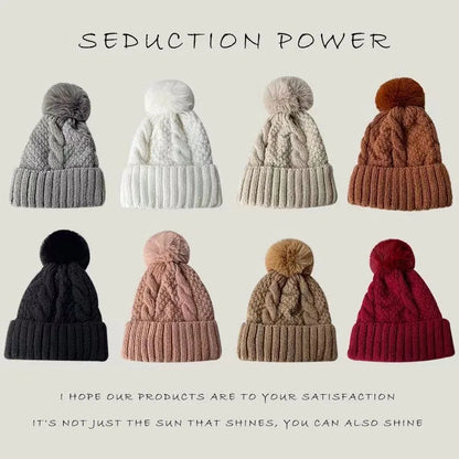 Women's Cable-Knit Pom-Pom Beanie – Plush-Lined Winter Hat