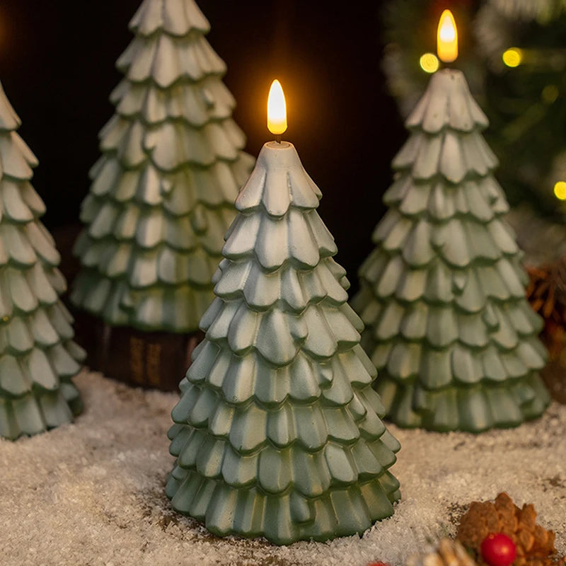 Christmas Tree Shaped LED Candles, Flameless Pillar Candles, Battery Operated LED Candle With 3D Flame Wick, Green Candles
