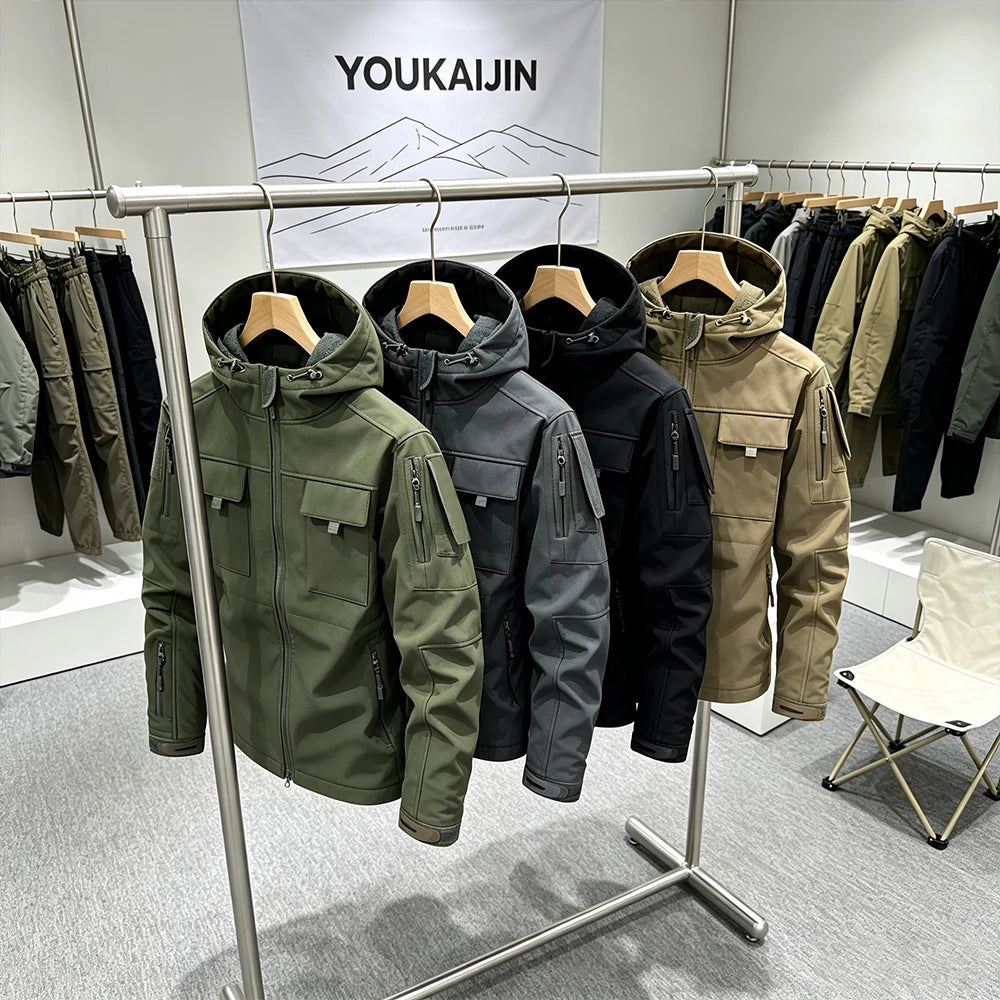 Men's Military Soft Shell Tactical Jacket Winter Warm Fleece Hunting Jackets Outdoor Hiking Fishing Hooded Multi-pockets Coat