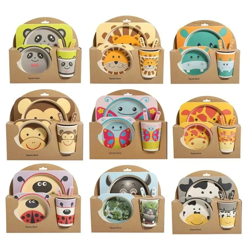 5-Piece Geometric Bamboo-Fibre Kids' Dinnerware Set
