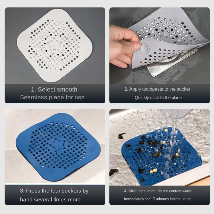 Four-panel instructional graphic showing a square suction-cup drain liner. Top-left shows the white liner laid flat; top-right shows a hand peeling a corner to apply toothpaste and stick it to a sink surface; bottom-left shows the blue liner pressed into place; bottom-right shows water running over a blue liner with debris caught.