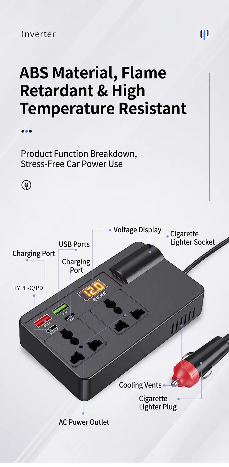 200W 12V to 220V Car Power Inverter