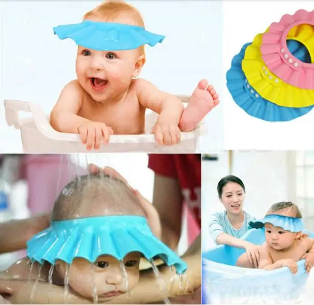 Baby shower cap with images of a baby using it and multiple color options.