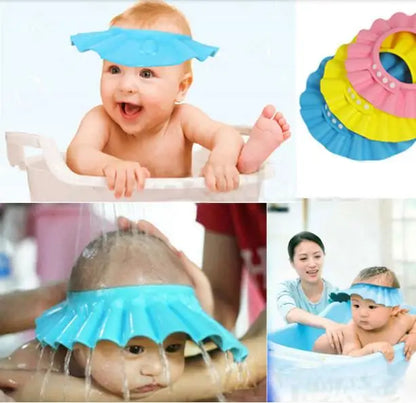 Baby shower cap with images of a baby using it and multiple color options.