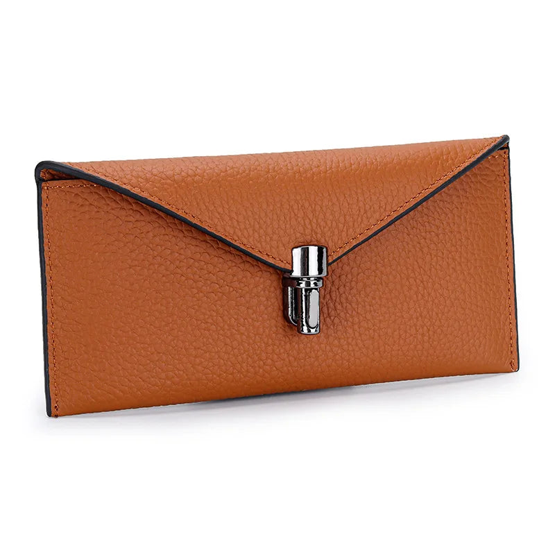 Genuine Leather Envelope Wallet for Women – Slim Long Clutch with Lock Clasp