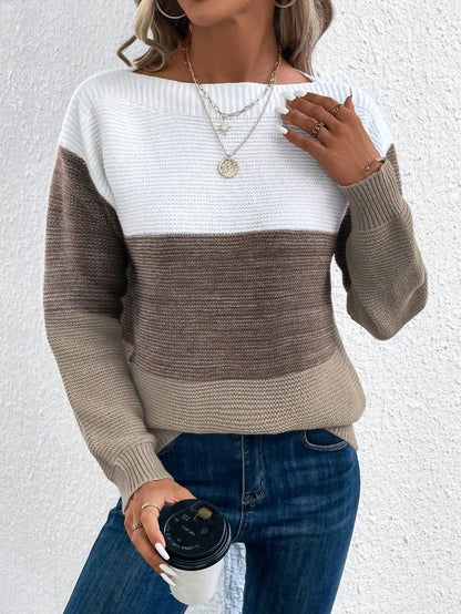 Eleganter dreifarbiger Patchwork-Pullover für Damen, lässiger, locker sitzender Strickpullover für den Alltag und Pendler, warme, verdickte Strickjacke für Herbst und Winter
