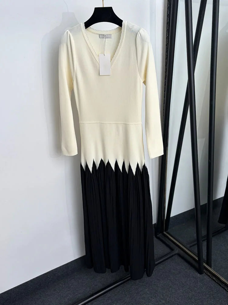 Women's V-Neck Patchwork Knit Midi Dress
