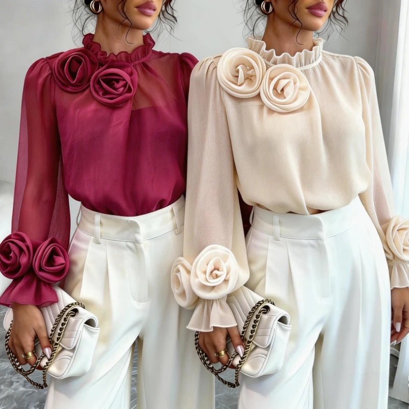 Women's Magenta Sheer Chiffon Blouse 3D Floral Appliqué Ruffled Mock Neck Puff Long Sleeve Loose Casual Summer Daily Party Top