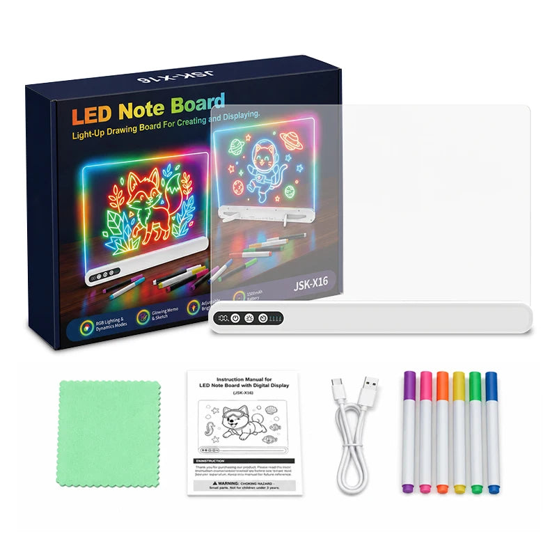 LED Light-Up Drawing Board – Rechargeable, with Timer & 7 Markers