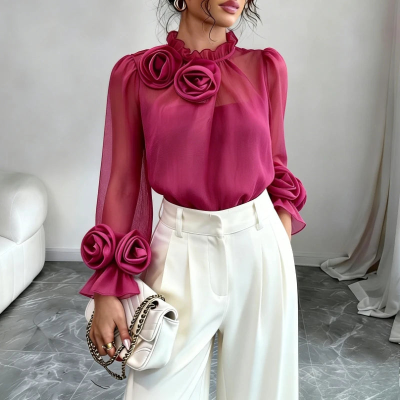 Women's Magenta Sheer Chiffon Blouse 3D Floral Appliqué Ruffled Mock Neck Puff Long Sleeve Loose Casual Summer Daily Party Top