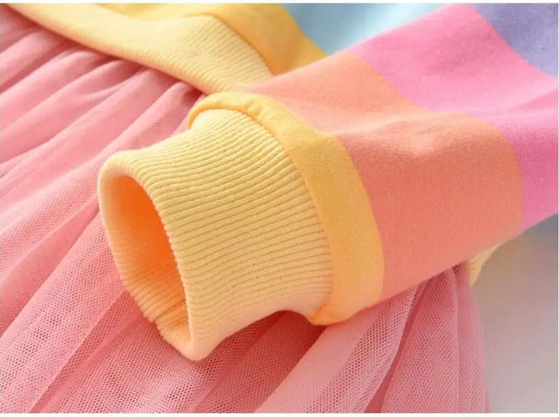 Girls' Rainbow Stripe Fleece Tutu Dress - Long Sleeve Autumn Princess Dress, 3T-7T
