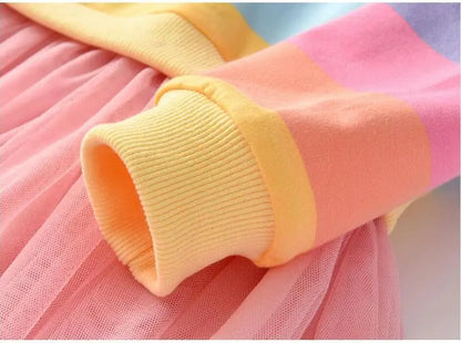 Mädchen-Tutu-Kleid aus Fleece mit Regenbogenstreifen – Langärmliges Prinzessinnenkleid für den Herbst, Größe 3T–7T