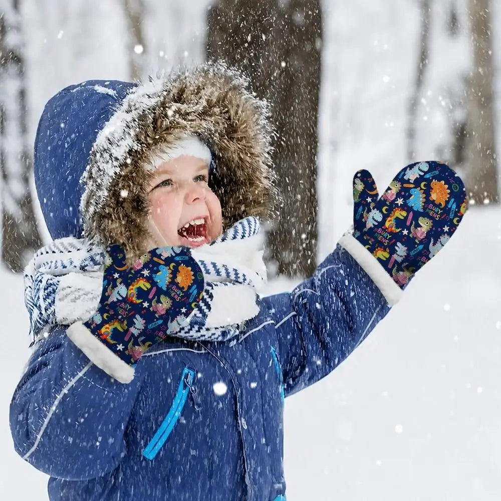 Kids' Printed Fleece-Lined Snow Mittens with Anti-Lost Clip