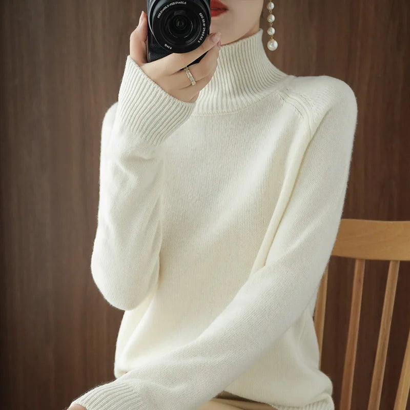 Fashion Basic Autumn Winter Merino Wool Sweater Mock Neck Cashmere Pullover Solid Color Soft Long Sleeve Basic Clothing Tops