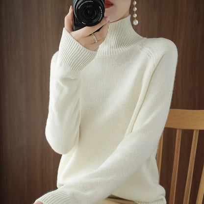 Modischer Basic-Herbst-Winter-Merinowollpullover mit Stehkragen, Kaschmir, einfarbig, weich, langärmlig, Basic-Oberteil