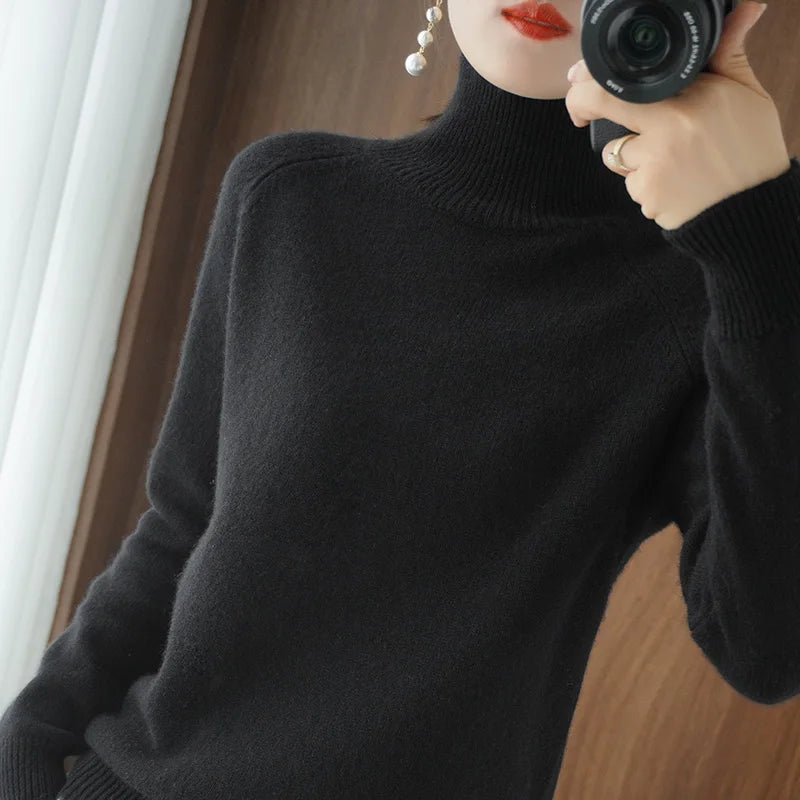 Fashion Basic Autumn Winter Merino Wool Sweater Mock Neck Cashmere Pullover Solid Color Soft Long Sleeve Basic Clothing Tops