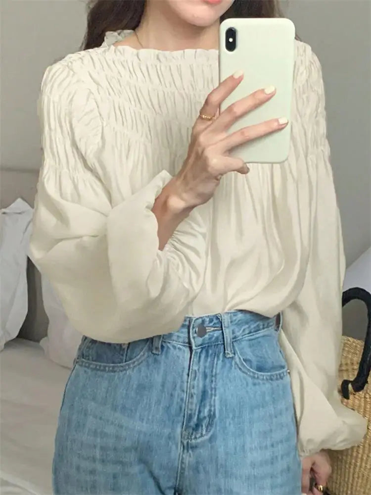 Korean Chic Sweet Elegant Chiffon Blouse With Puff Sleeves Round Neck Pleated Design for Women's Summer Shirts Loose Casual Top