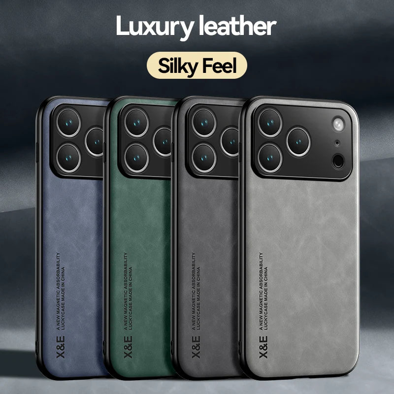 Luxury Leather Case For iPhone 17 18 16 15 14 13 12 11 Pro Max Plus 13 12 Mini Air 16E Cover With Metal Plate Support Car Hold